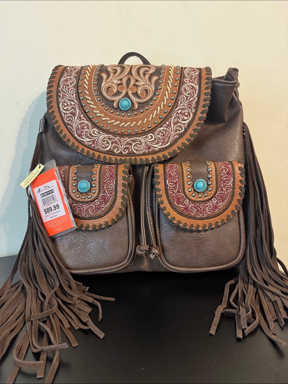 Wrangler Embroidered Fringe Backpack - Brown with Turquoise Accents